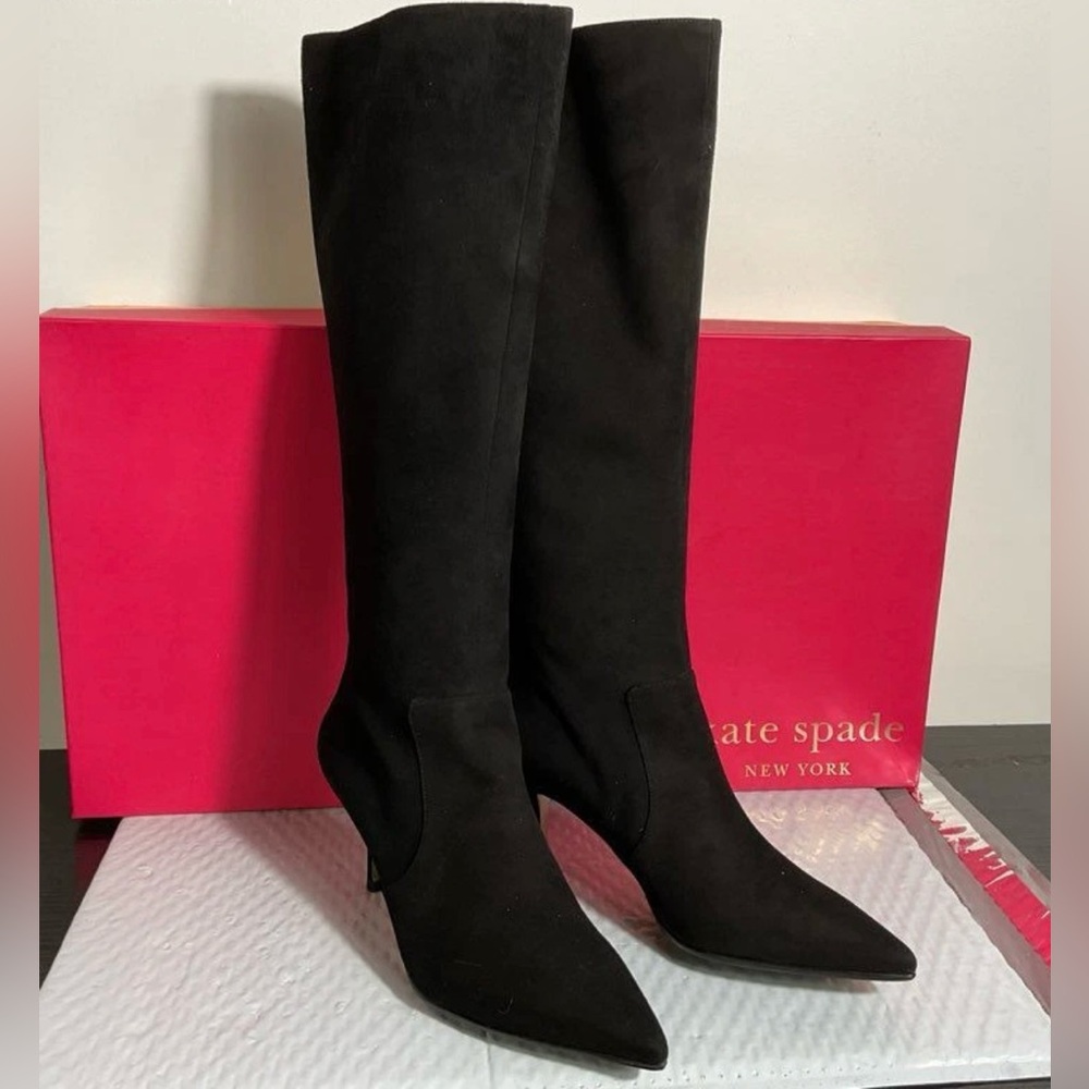 Kate Spade Suede Boots Sz 9 Knee High Black Stiletto Heel Zip New NIB Chic Lux